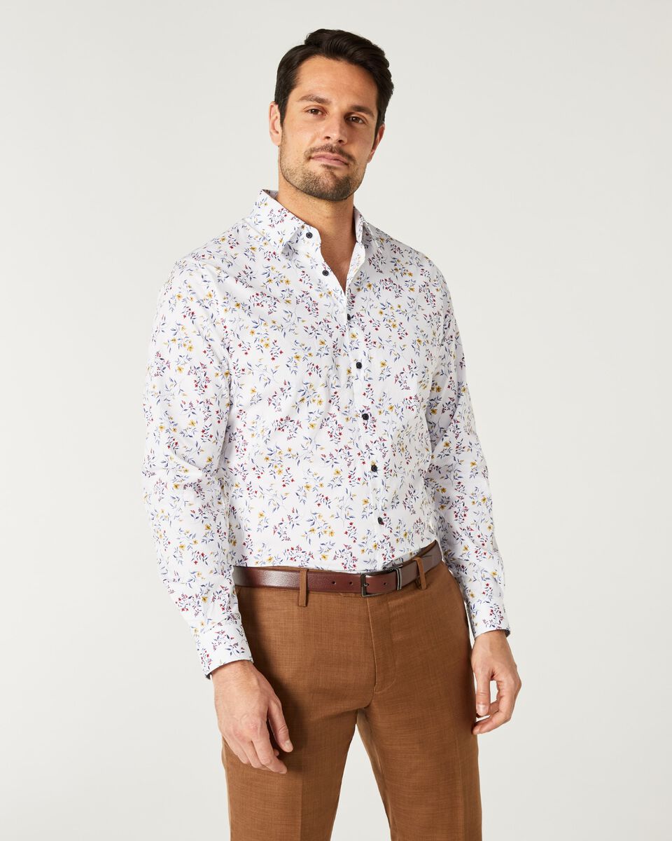 Mens White/Mustard Slim Long Sleeve Floral Shirt